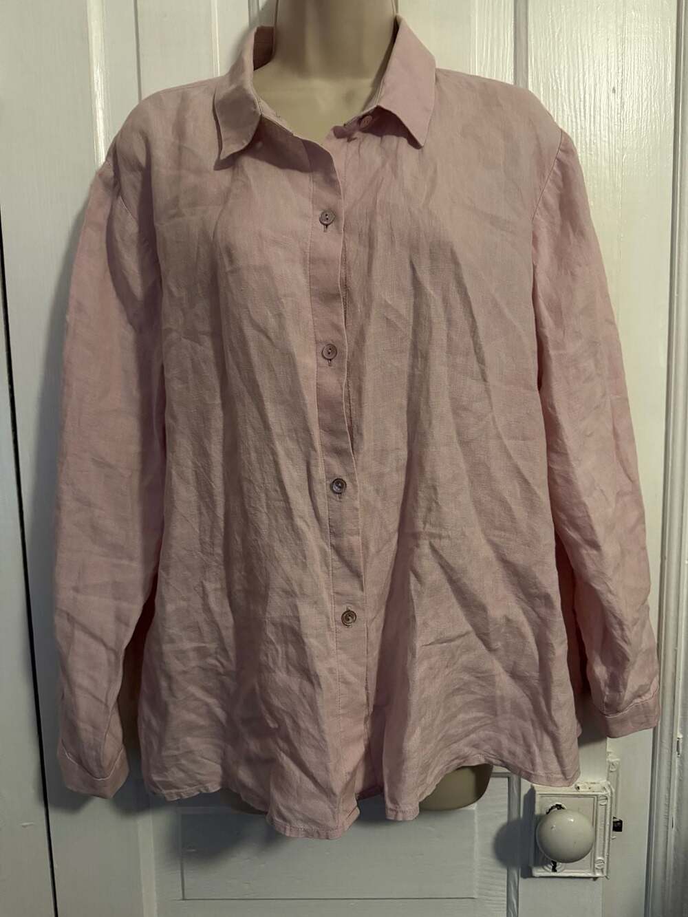 Eileen Fisher Organic Linen Button-Down Shirt Size Large Pink Long Sleeve